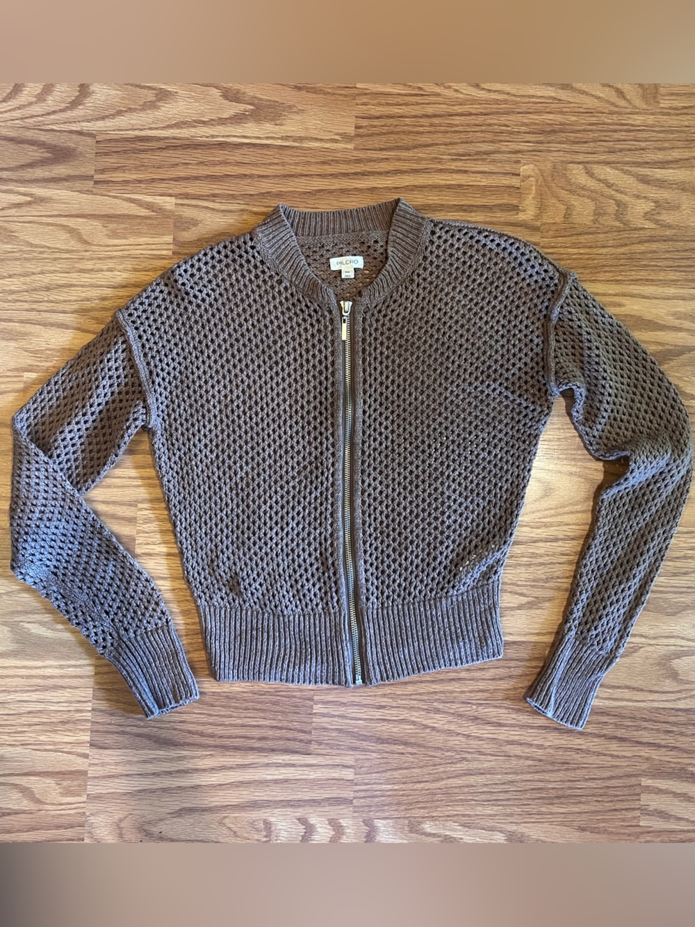 Pilcro Open-Knit Zip Front Cardigan in Brown